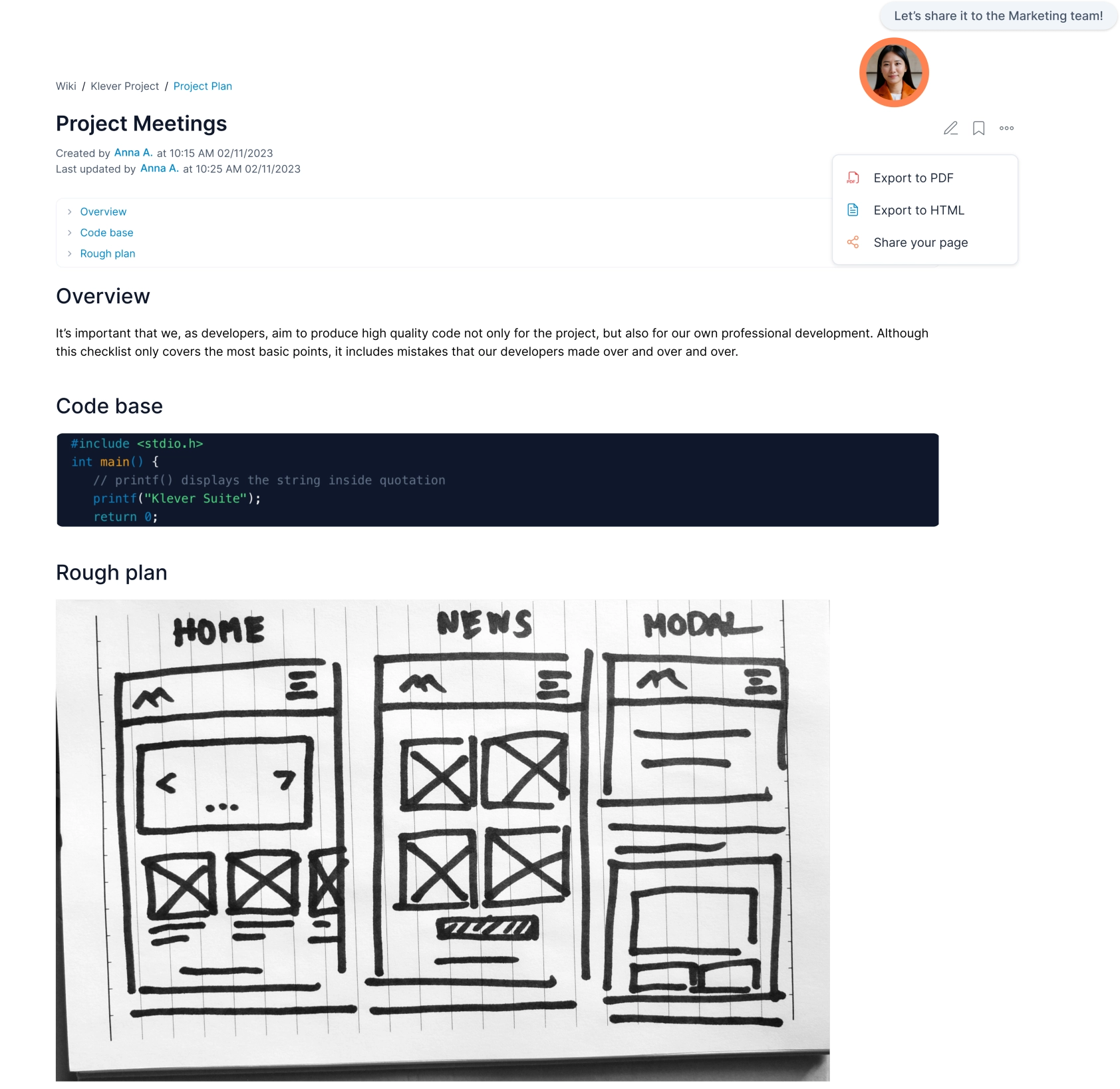 Share and export your documents to PDF or HTML in Klever Wiki